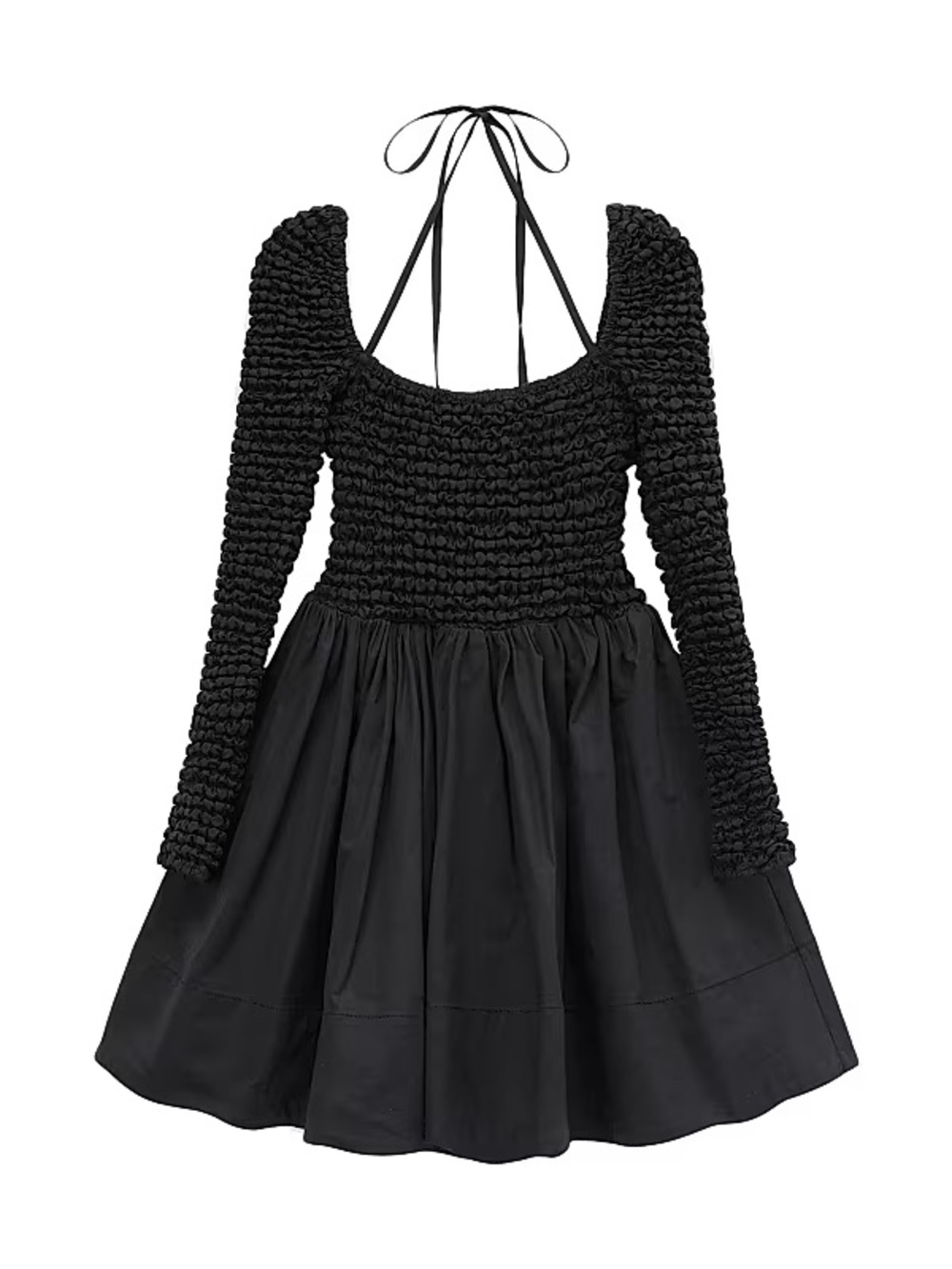 STAUD Black Smocked Long-Sleeve Mini Dress